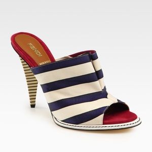 Fendi Striped Satin Mule. Blue & Cream stripe